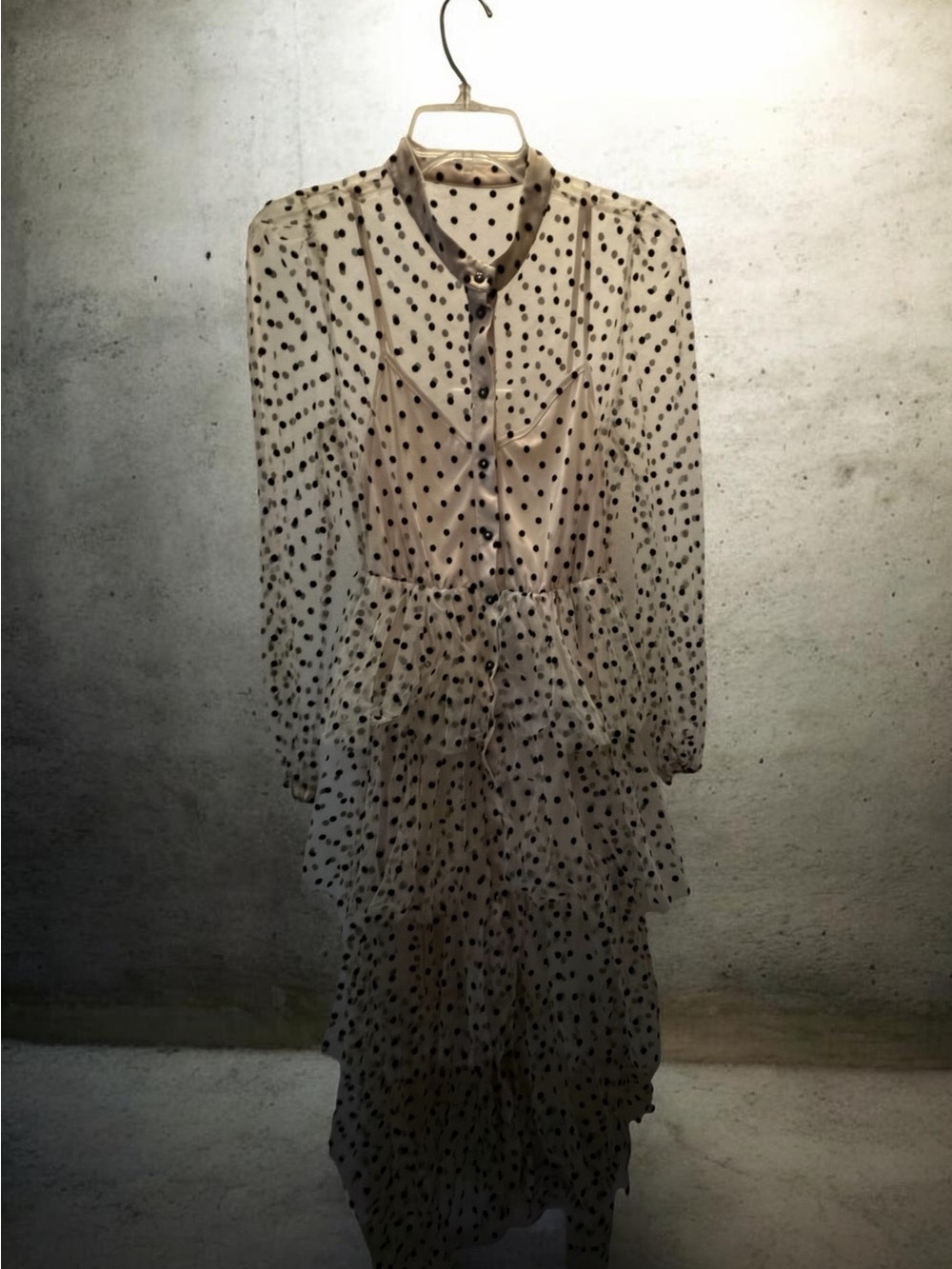 SHEIN Beige Sheer Polka Dot Long Sleeve Tiered Maxi Dress